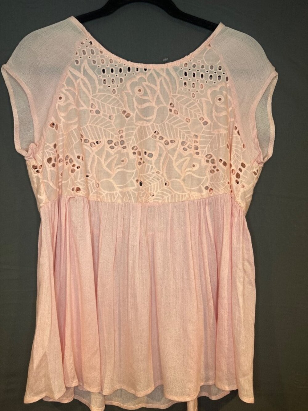 Acemi M Pink Eyelet Embroidered Babydoll Tunic Top Boho Cottagecore